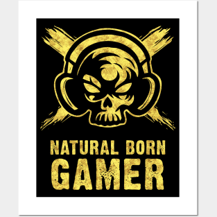 Natural Born GAMER Skull with Headphones Abstract Tattoo Style Posters and Art